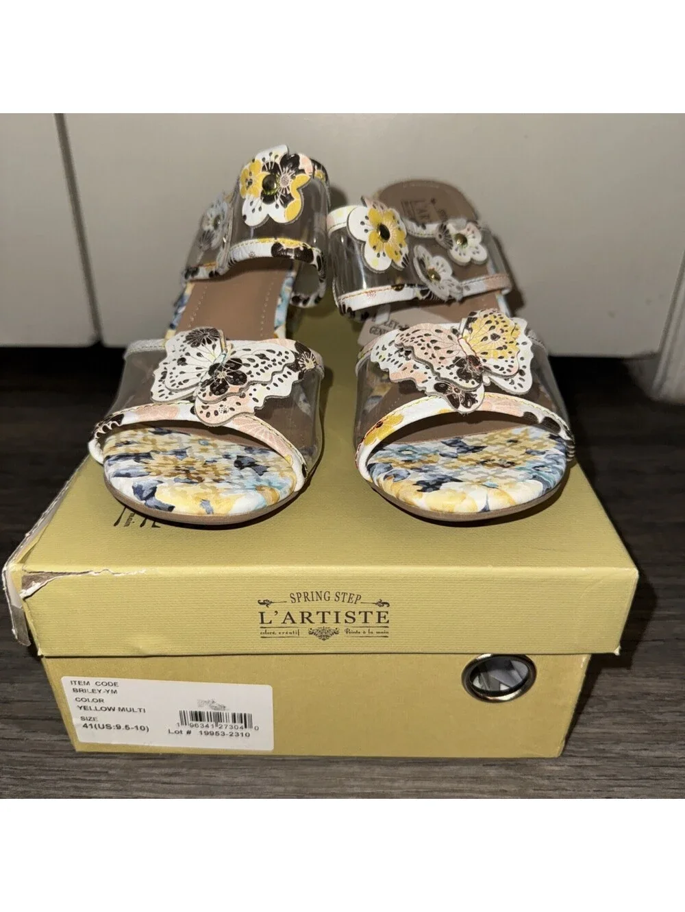 L’Artiste By Spring Step Adored Briley Yellow Multi Leather Floral Sandals Sz 41